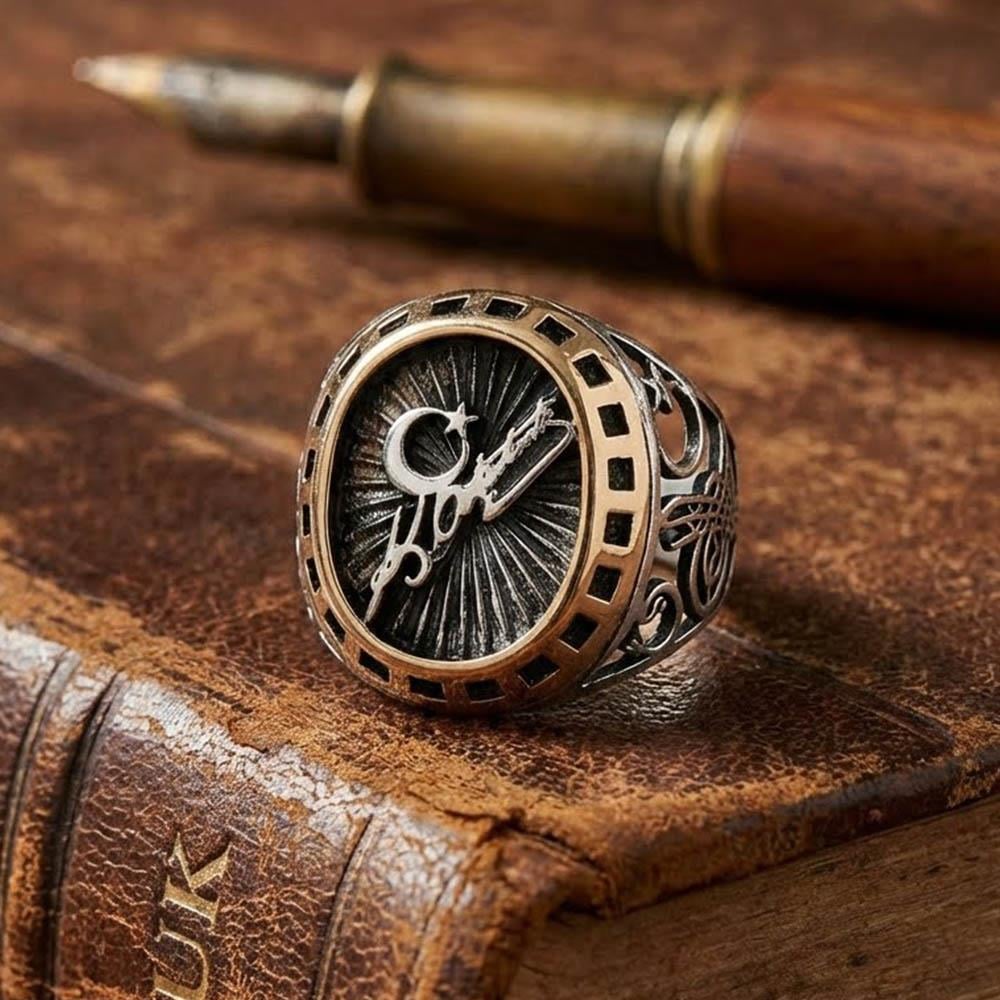 Kemal Atatürk İmzalı Tuğra Ve Vav Motifli Gümüş Erkek YüzükElif Vav Yüzük