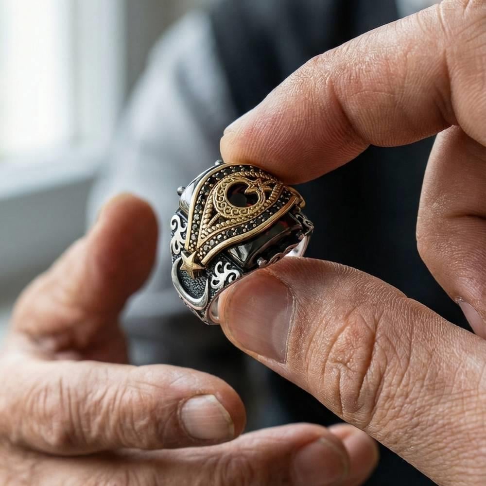 Kemerli Ay Yıldız Taşlı Gümüş YüzükAy Yıldız Yüzükler