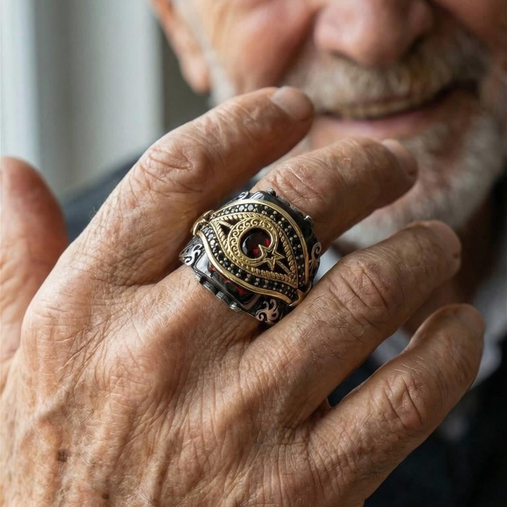 Kemerli Ay Yıldız Taşlı Gümüş YüzükAy Yıldız Yüzükler