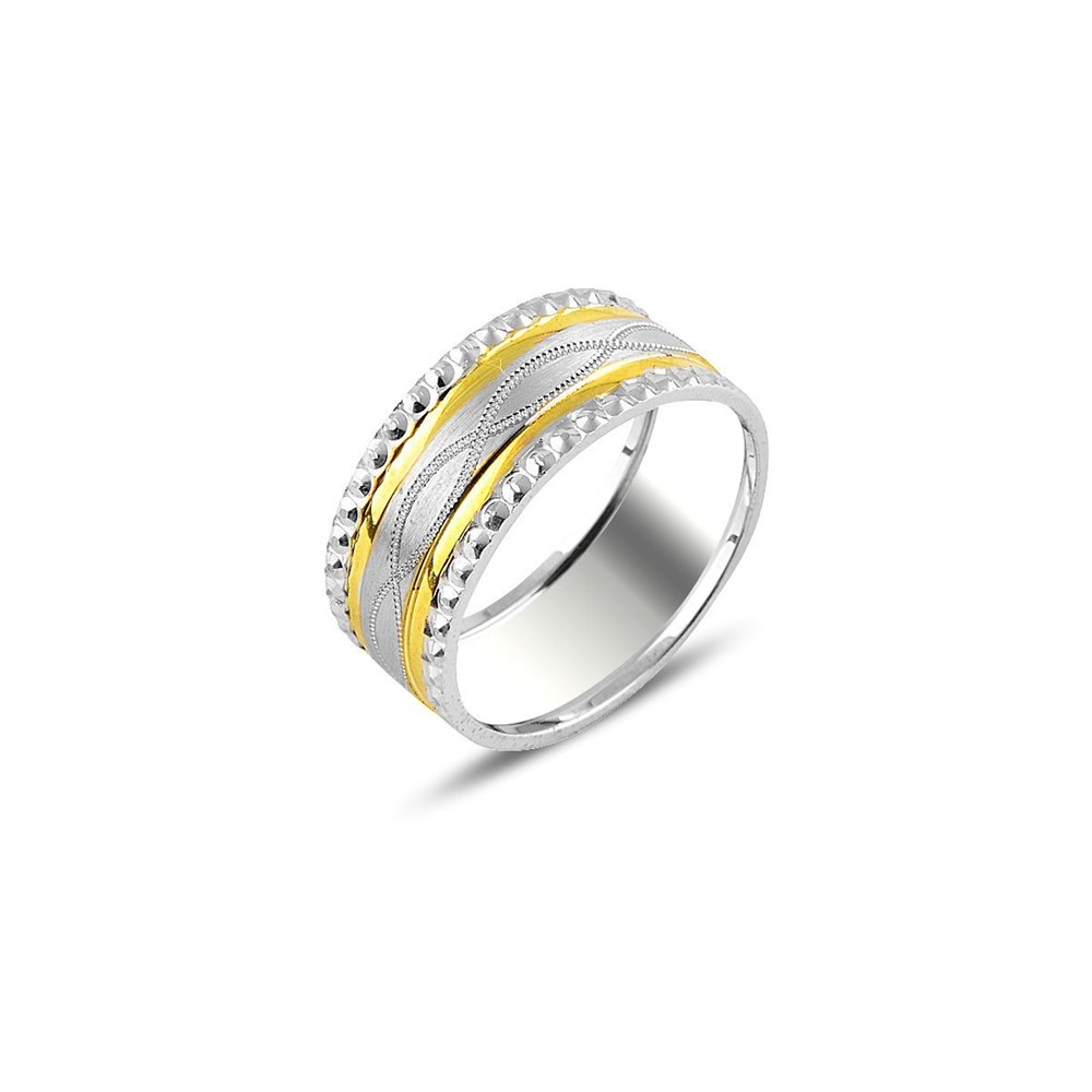 Kenar Kısımları Şerit Motifli Gümüş Alyans