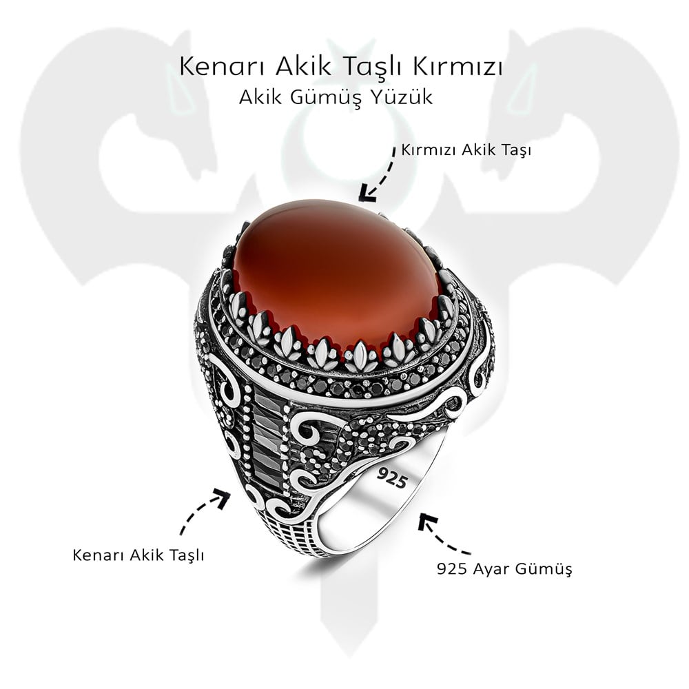 Kenarı Akik Taşlı Kırmızı Akik Gümüş Yüzük