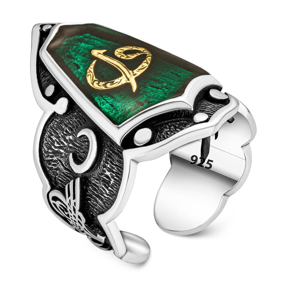 Kenarları Arma ve Tuğra Motifli Yeşil Mineli Gümüş Yüzük