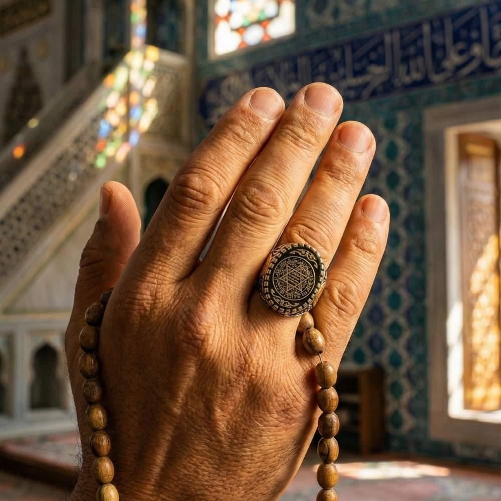 Kenarları Hz.Süleyman Mührü Siyah Mineli Gümüş YüzükSüleyman Mührü Yüzükler