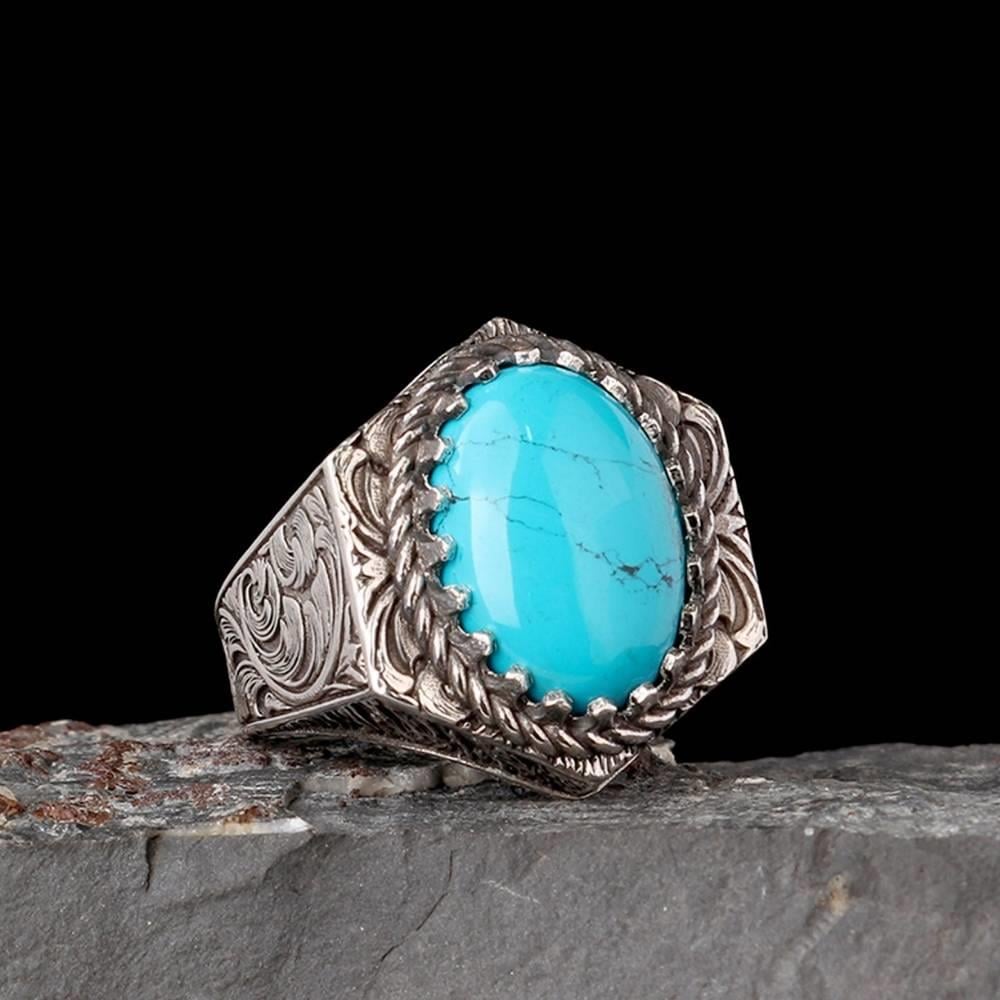 Kenarları Kalem İşlemeli Firuze Taşlı Gümüş YüzükBozkurt Yüzükleri