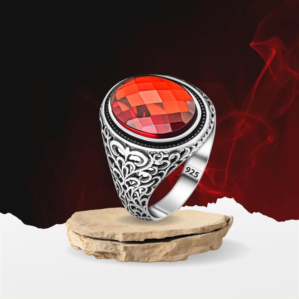 Kesme Kırmızı Zirkon Taşlı Gümüş Erkek Yüzük