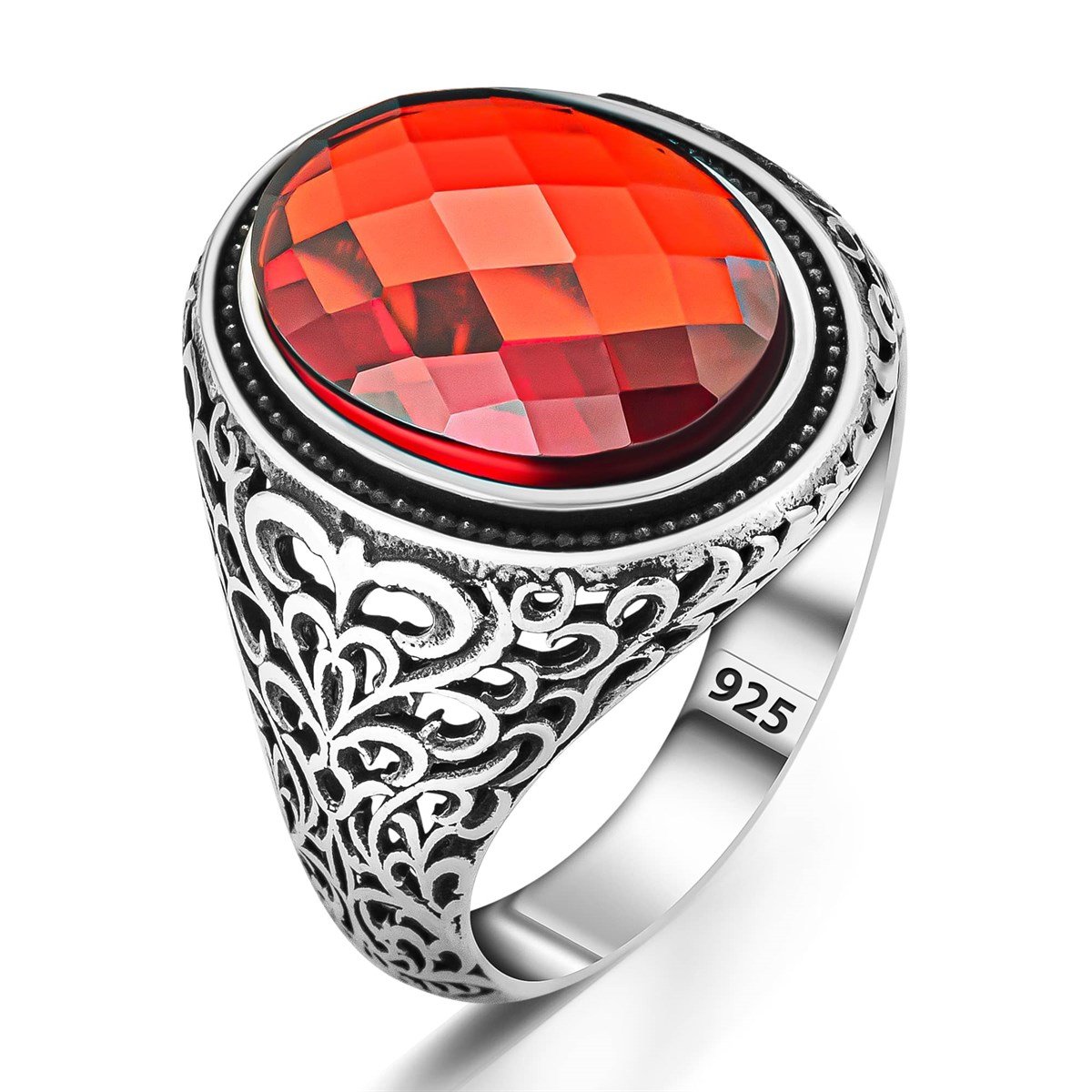 Kesme Kırmızı Zirkon Taşlı Gümüş Erkek Yüzük