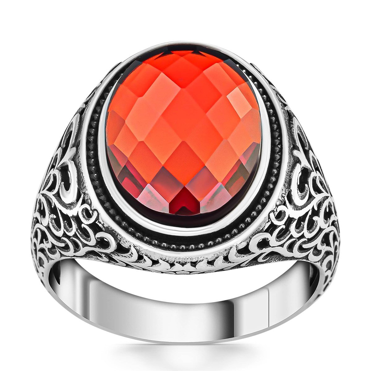 Kesme Kırmızı Zirkon Taşlı Gümüş Erkek Yüzük