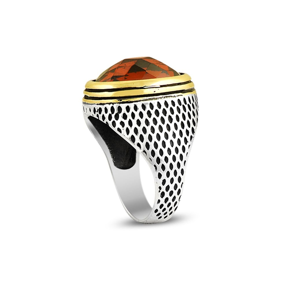 Kesme Zirkon Taşlı Gold Detaylı Gümüş Erkek Yüzük
