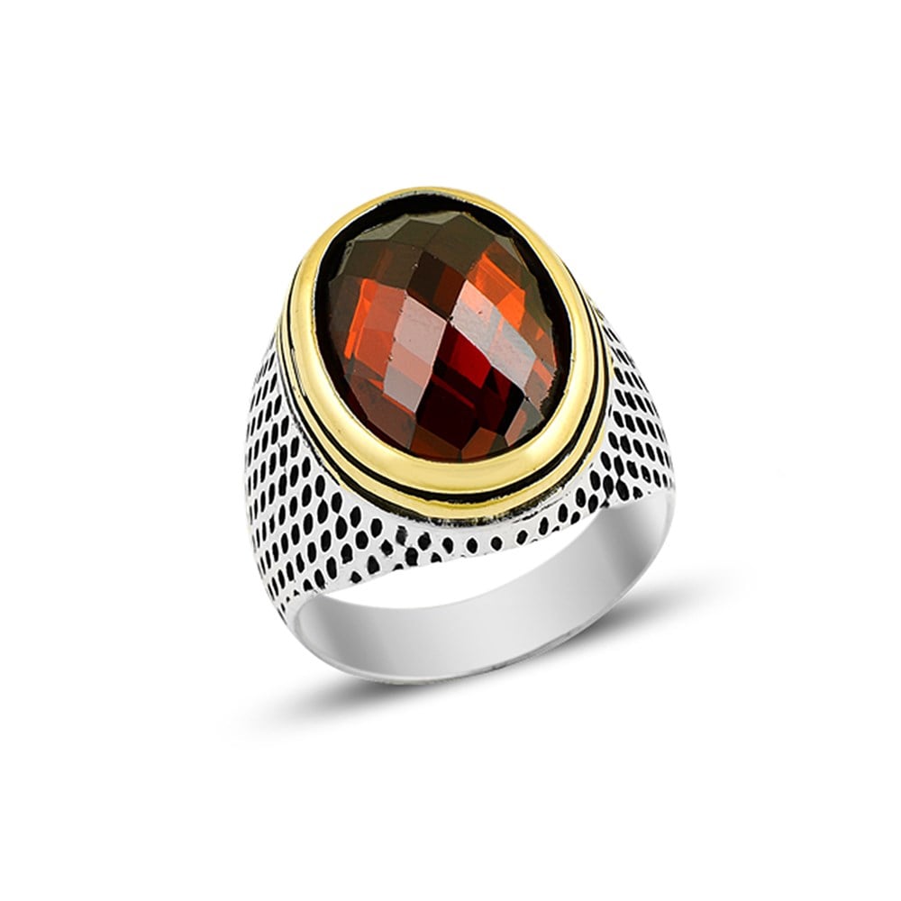 Kesme Zirkon Taşlı Gold Detaylı Gümüş Erkek Yüzük