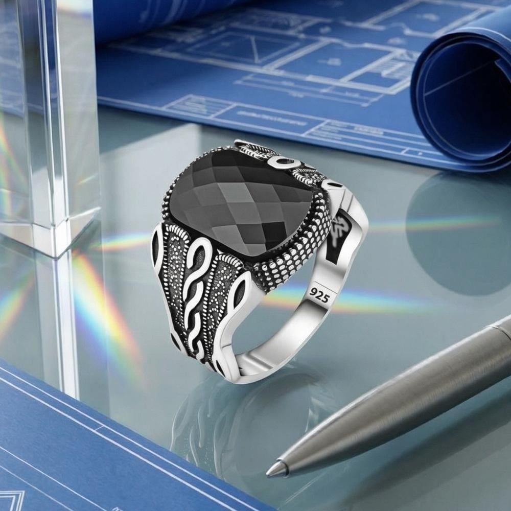 Kesme Zirkon Taşlı Gümüş Erkek YüzükZirkon Taşlı Yüzükler