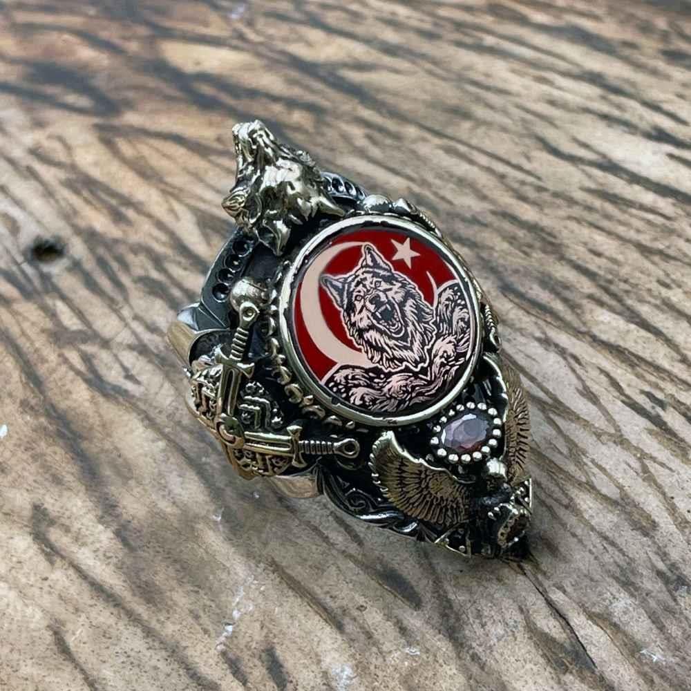 Kılıç Kalkan Bozkurt İşlemeli Gümüş Zihgir YüzükBaşparmak & Zihgir Yüzükleri