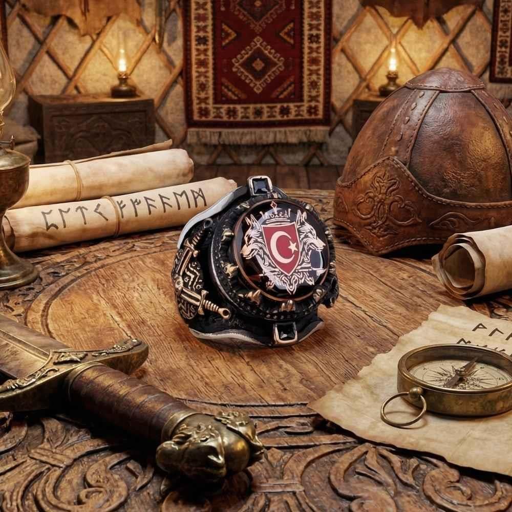 Kılıç Kalkan Çift Bozkurt Ay Yıldız Gümüş YüzükBozkurt Yüzükleri