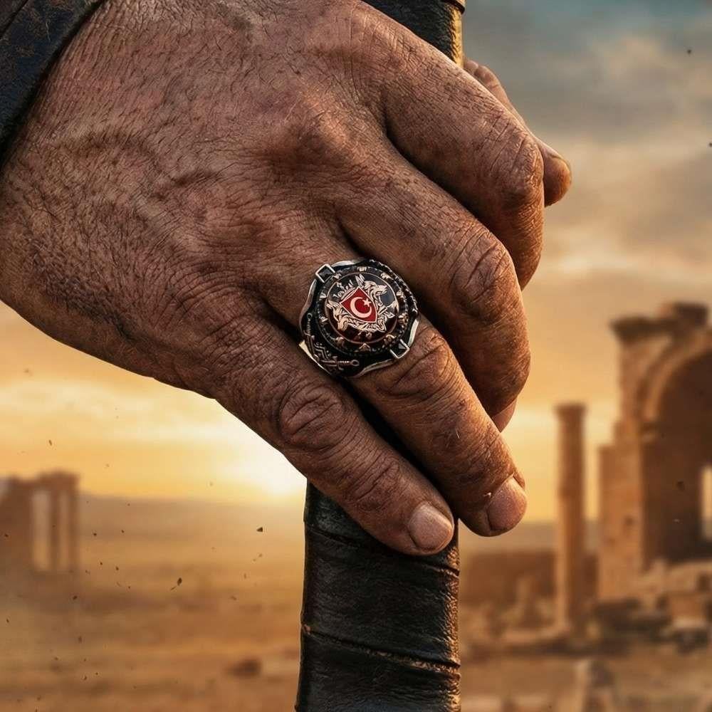 Kılıç Kalkan Çift Bozkurt Ay Yıldız Gümüş YüzükBozkurt Yüzükleri