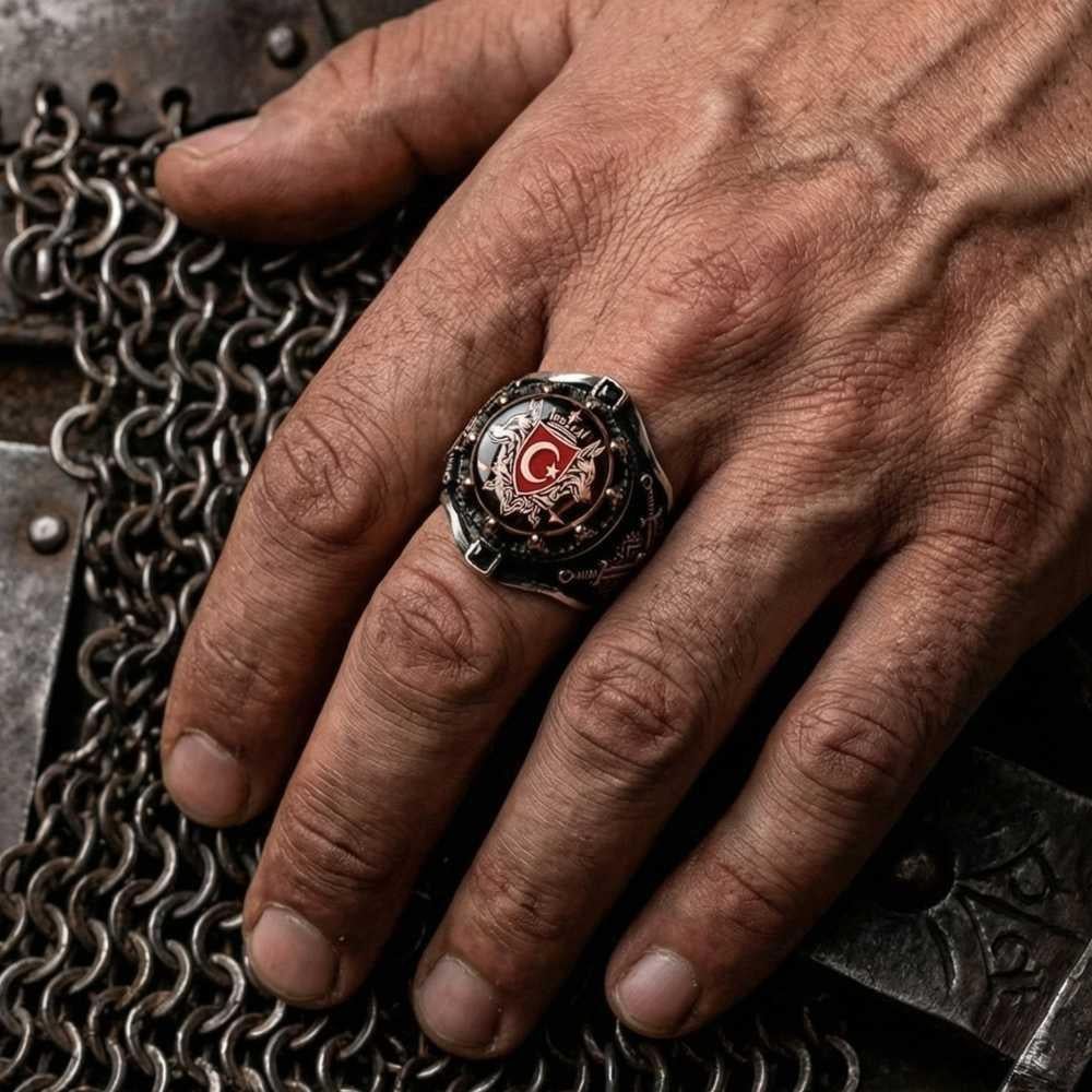 Kılıç Kalkan Çift Bozkurt Ay Yıldız Gümüş YüzükBozkurt Yüzükleri