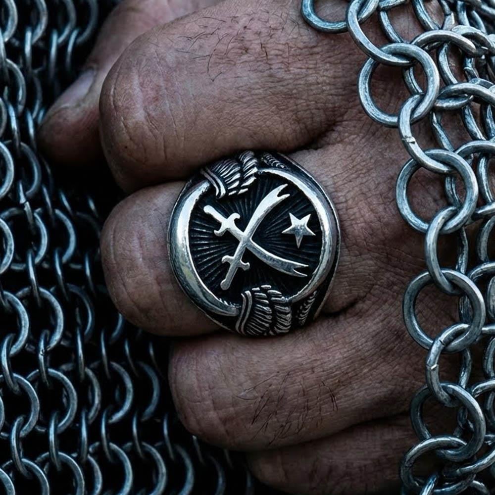 Kılıç Motifli Ay Yıldız Kanat Modeli Gümüş Erkek YüzükZülfikar Kılıcı Yüzük