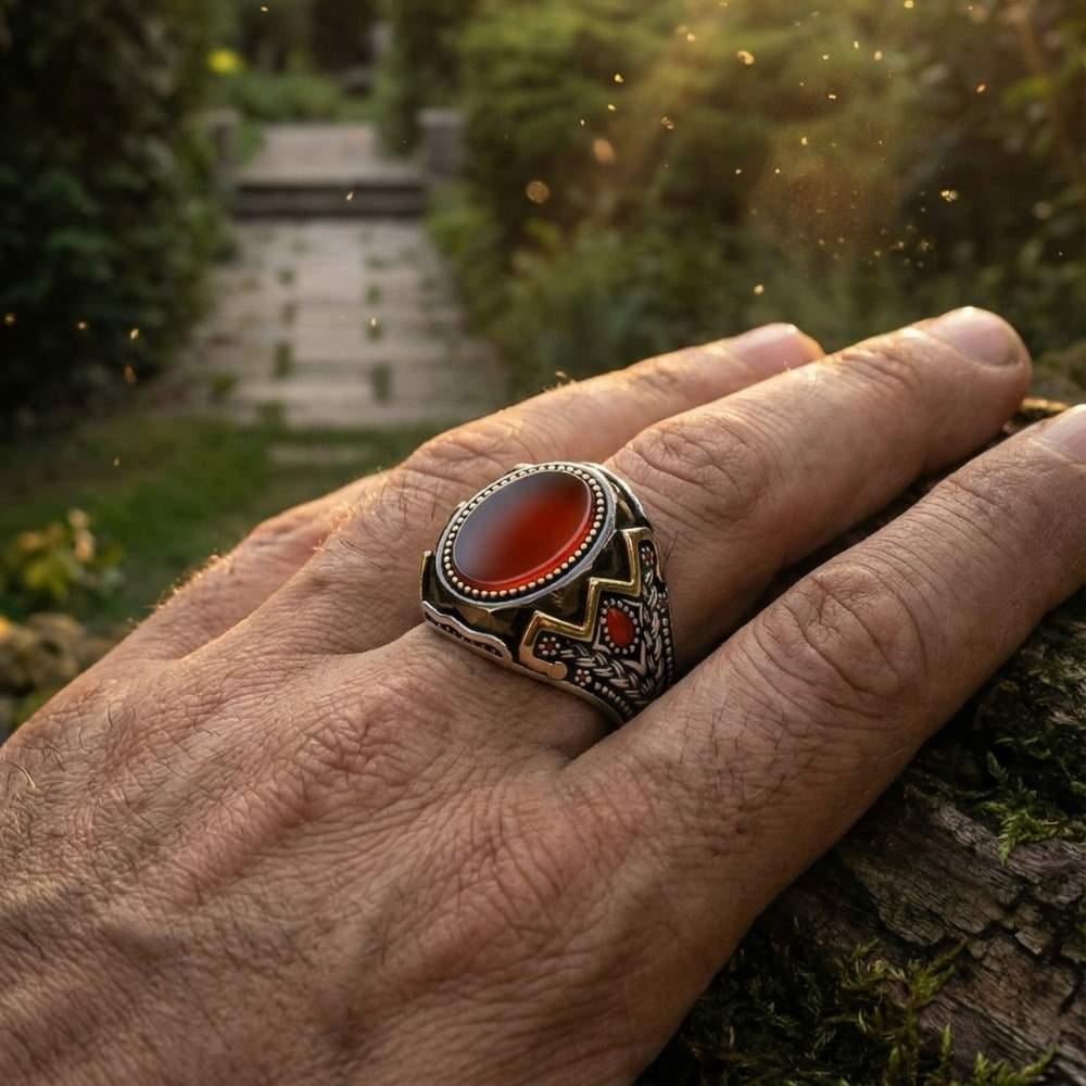 Kırmızı Akik Taşlı Çiçek Motifli Erkek Gümüş YüzükAkik Taşlı Yüzükler