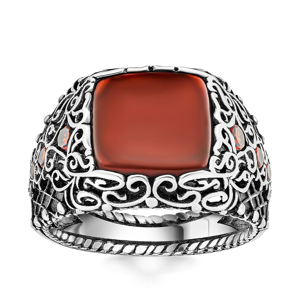 Kırmızı Akik Taşlı Yanları Zirkon Taş Detaylı Gümüş Erkek Yüzük
