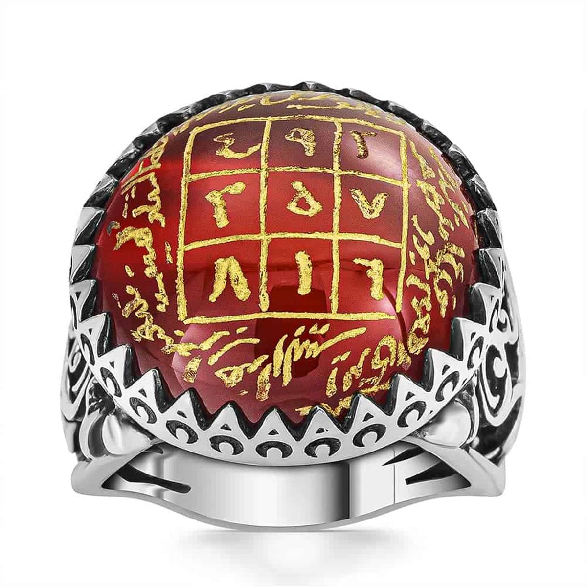 Red Agate Engraved Manuscript Fortune Vefki Silver Ring
