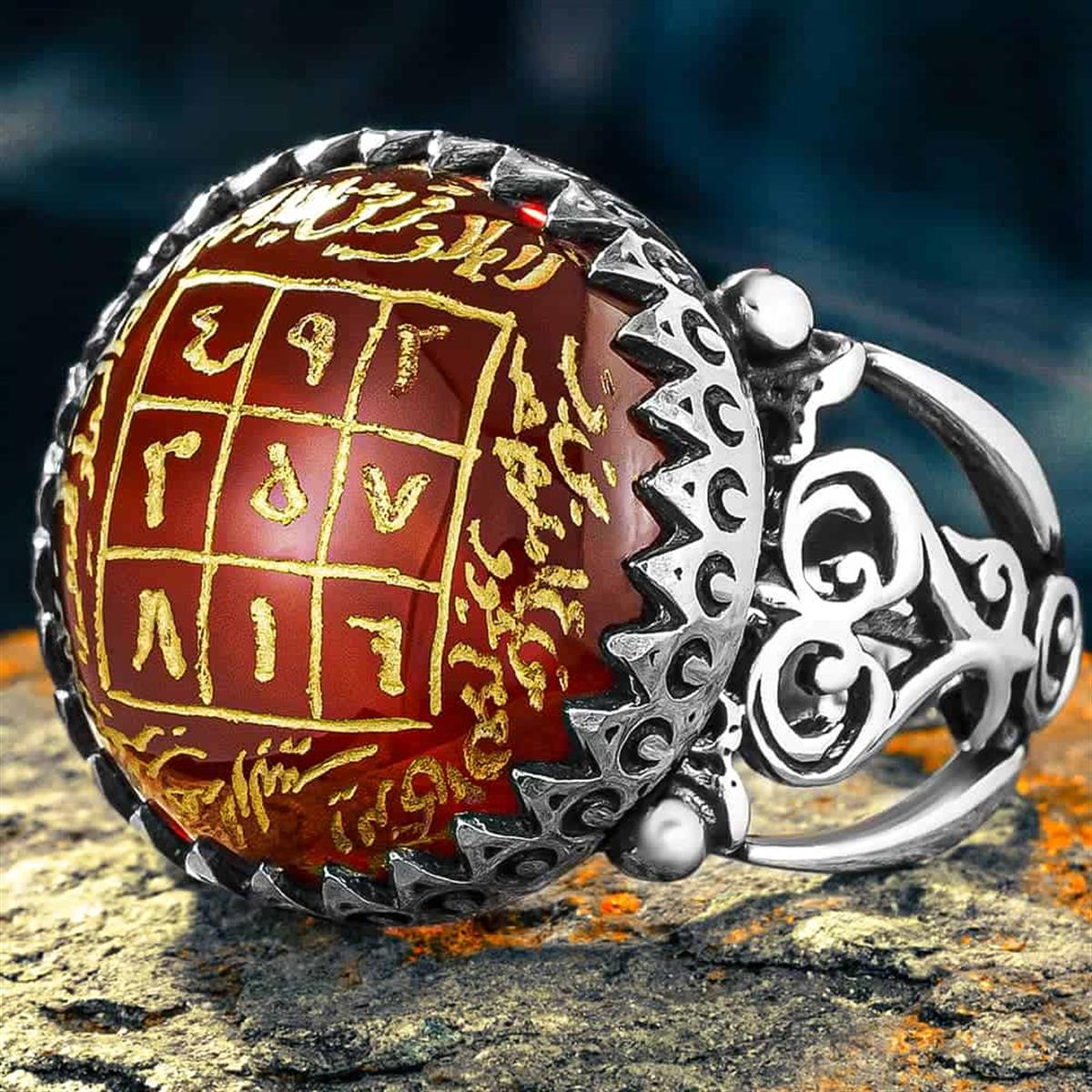 Red Agate Engraved Manuscript Fortune Vefki Silver Ring