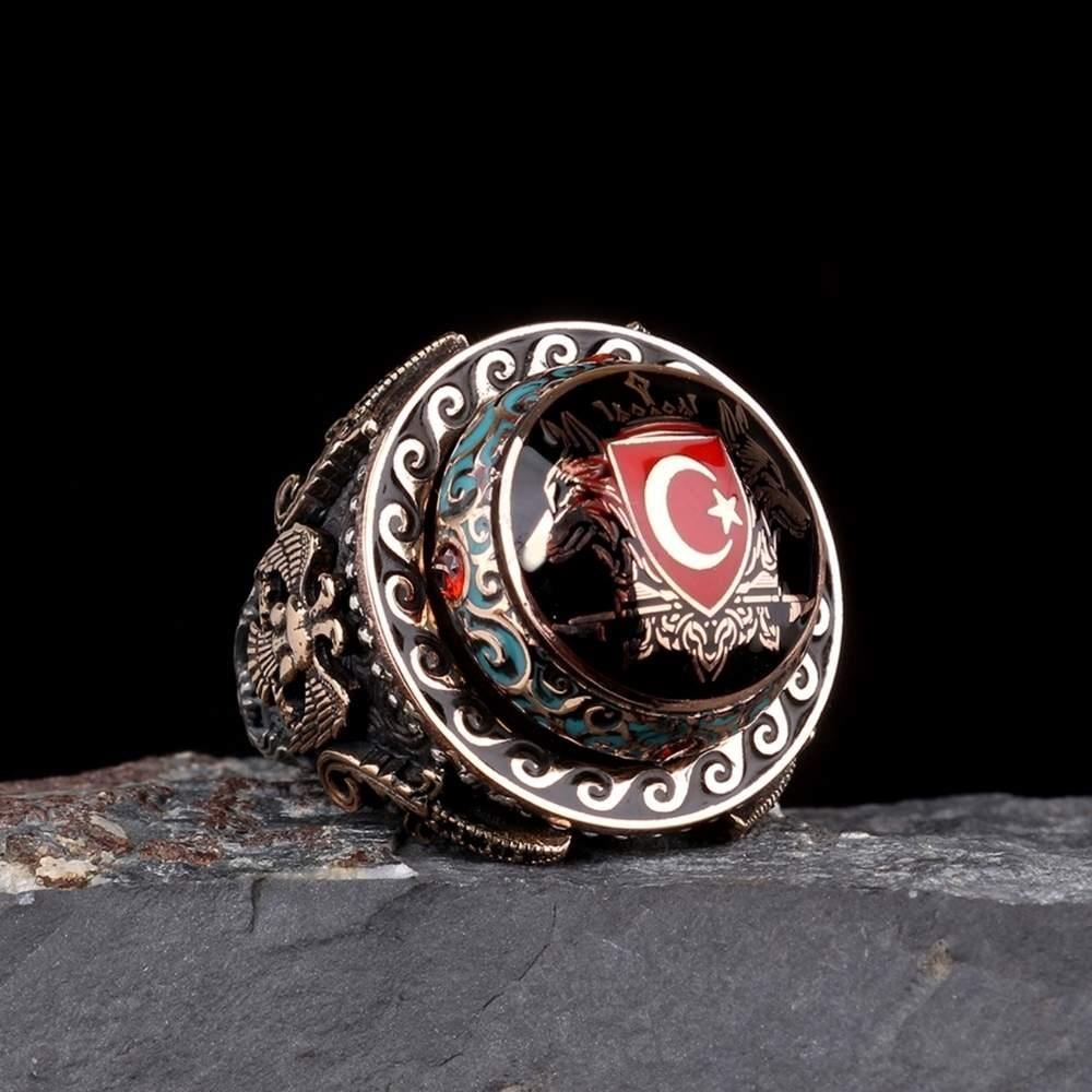 Kırmızı Ay Yıldız Motifli Gümüş YüzükBozkurt Yüzükleri