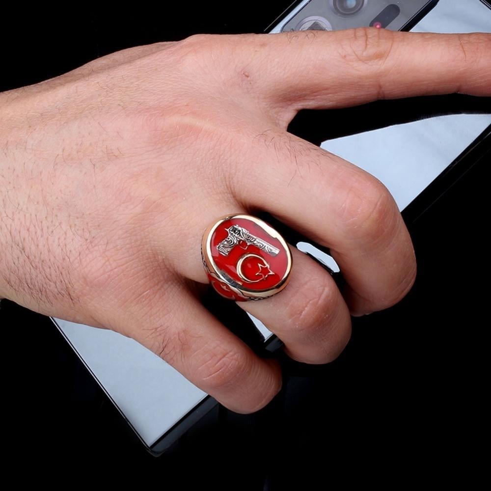 Kırmızı Ay Yıldız Tabanca İşlemeli Gümüş YüzükAy Yıldız Yüzük