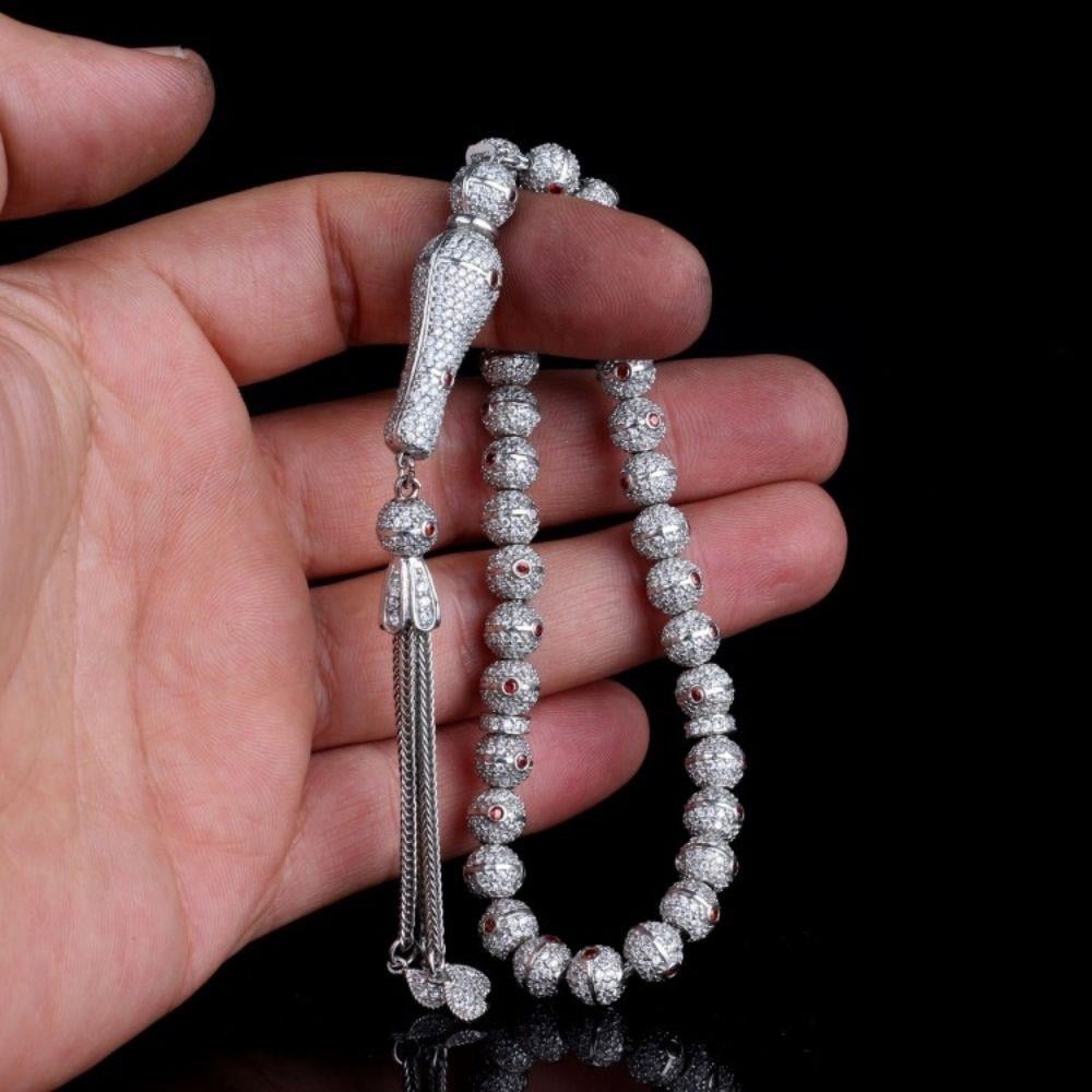 Kırmızı Beyaz Renk Zirkon Taşlı Tamamı 925 Ayar Gümüş Tesbih