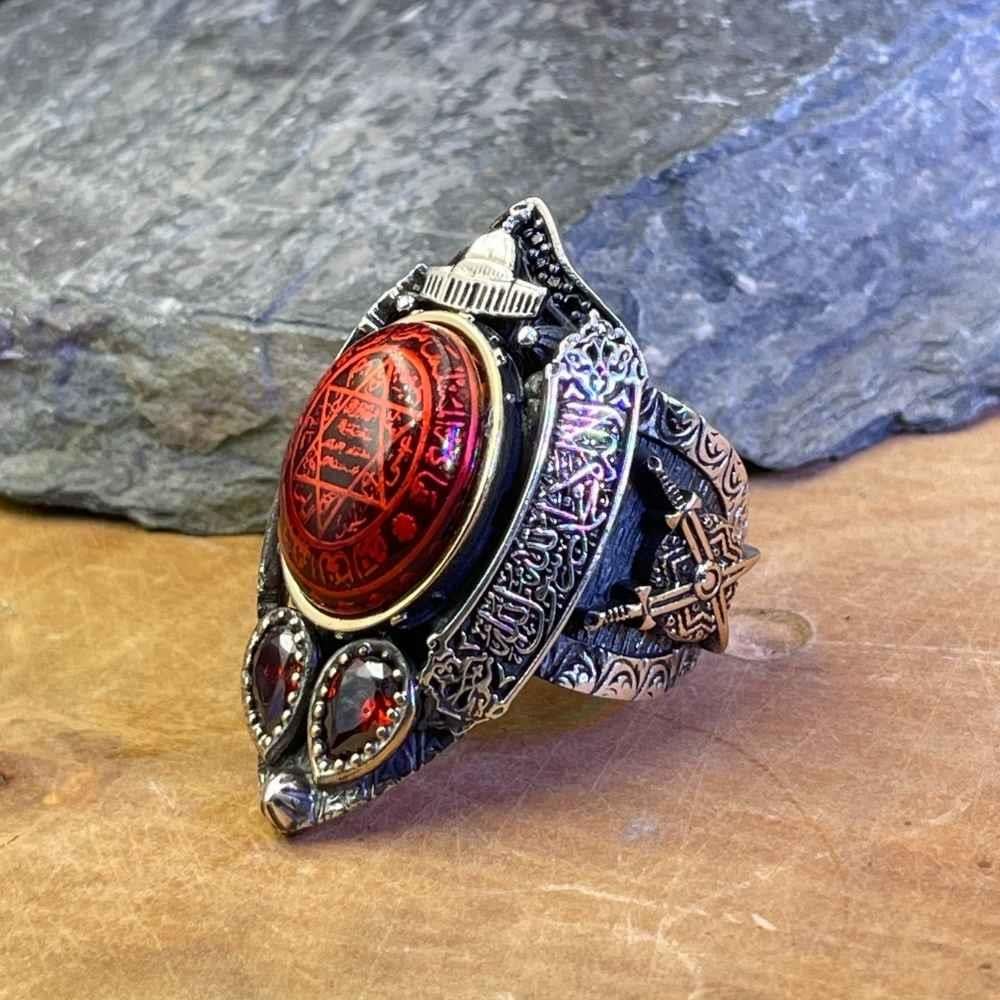 Kırmızı Kehribar Taşlı Mührü Süleyman Gümüş Zihgir YüzükSüleyman Mührü Yüzük