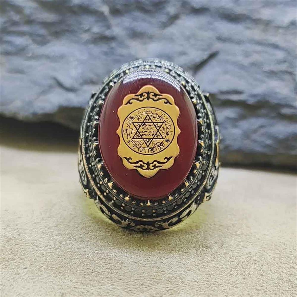 Kırmızı Kehribar Taşlı Mührü Süleyman Gümüş Yüzük