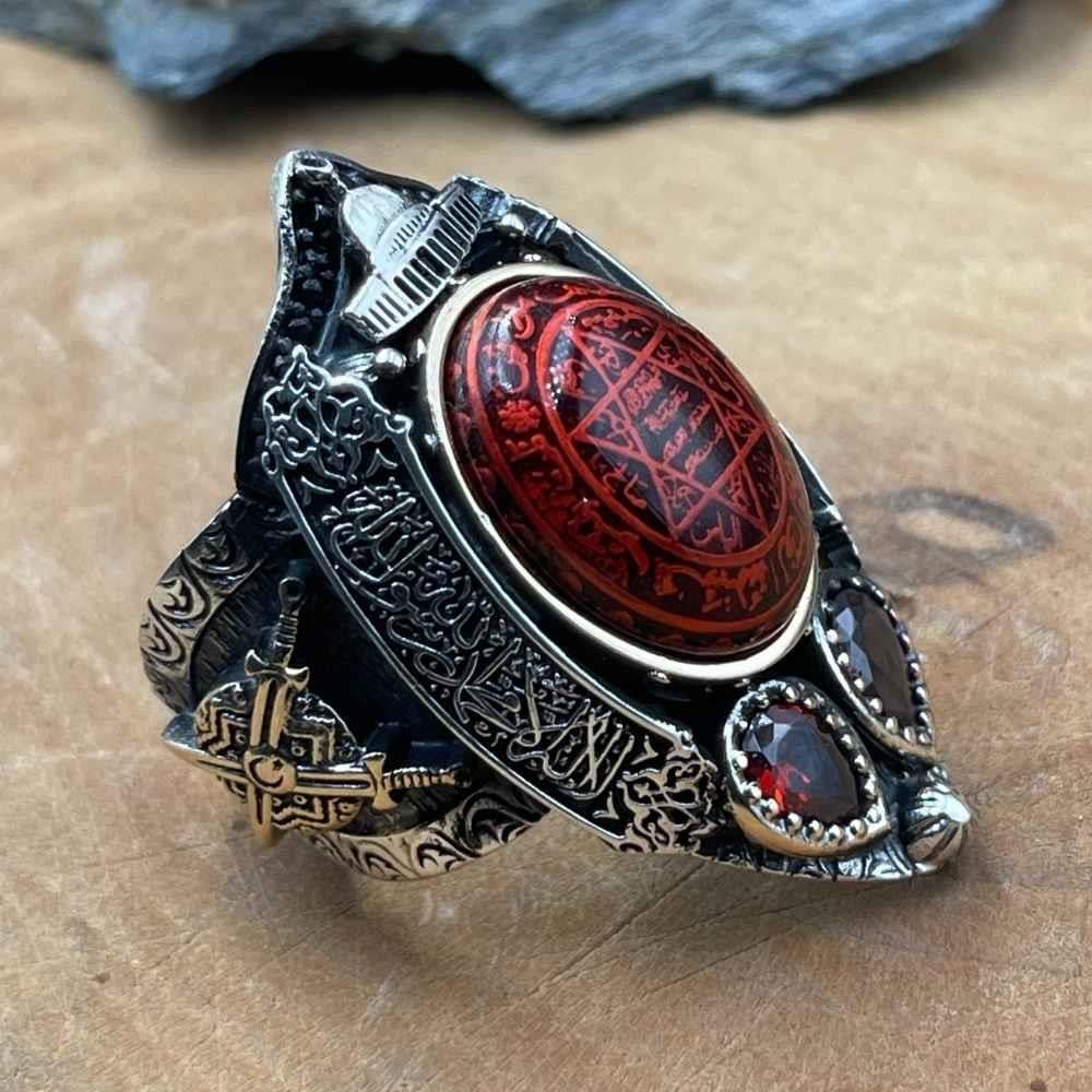Kırmızı Kehribar Taşlı Mührü Süleyman Gümüş Zihgir YüzükSüleyman Mührü Yüzük
