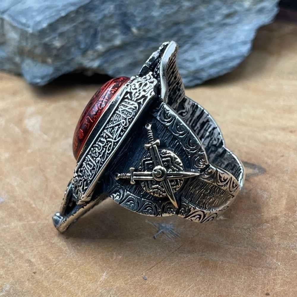 Kırmızı Kehribar Taşlı Mührü Süleyman Gümüş Zihgir YüzükSüleyman Mührü Yüzük