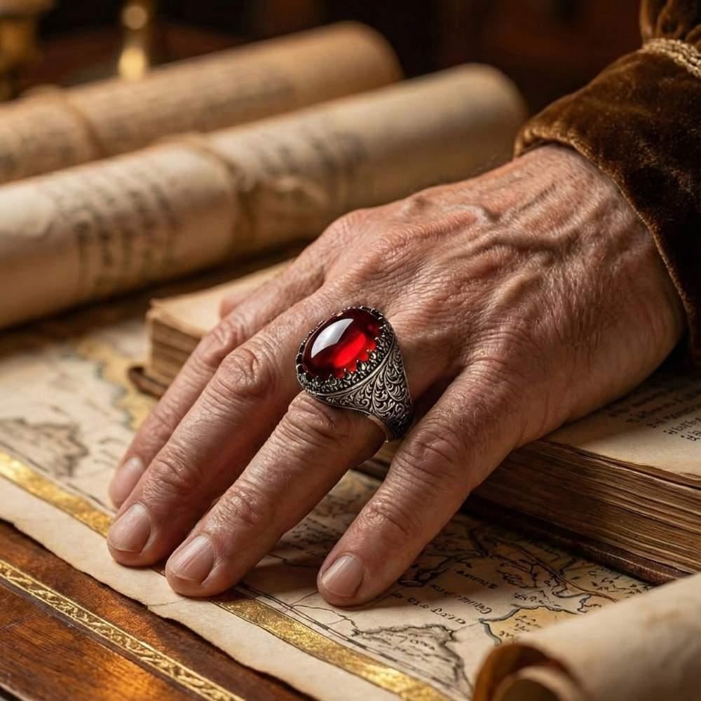 Kırmızı Lal Taşlı Osmanlı Desenli Gümüş YüzükLal Taşı Yüzükler