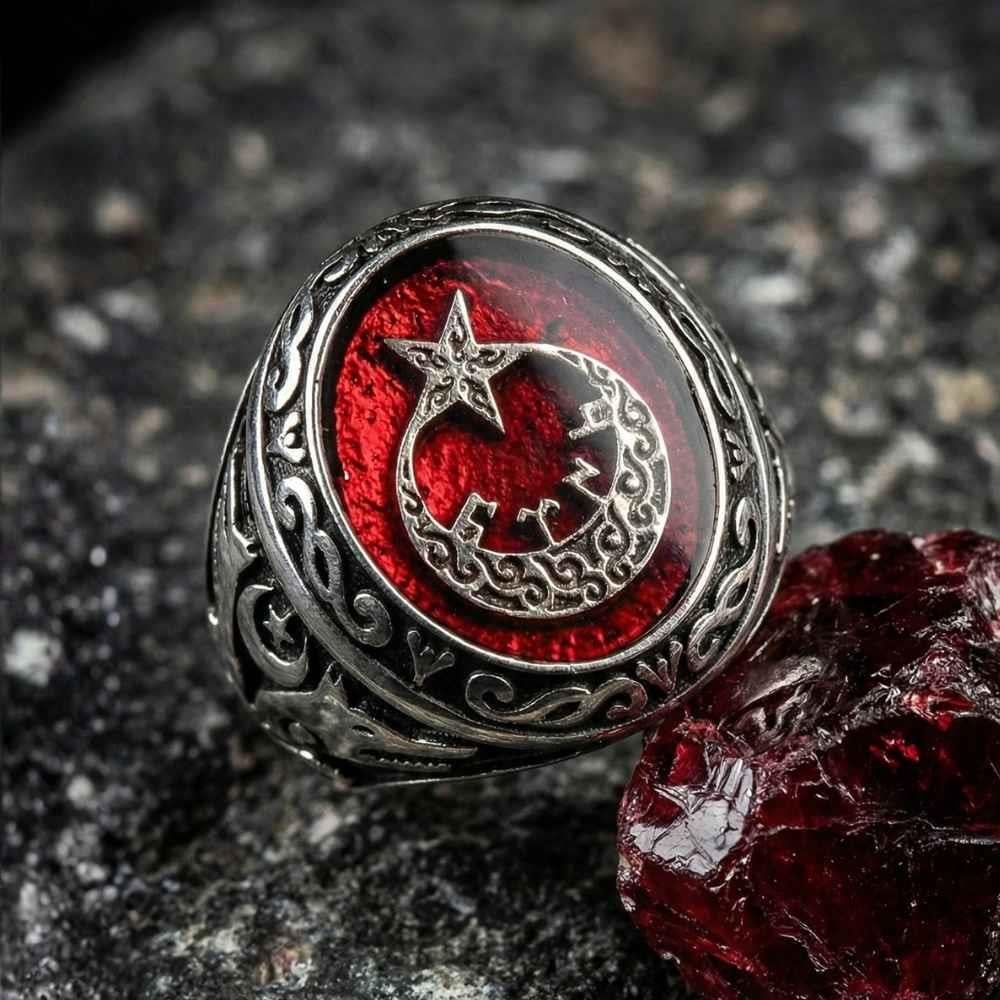 Kırmızı Mineli Ay Yıldız Gümüş Erkek YüzükGöktürkçe Türk Yazılı Yüzükler