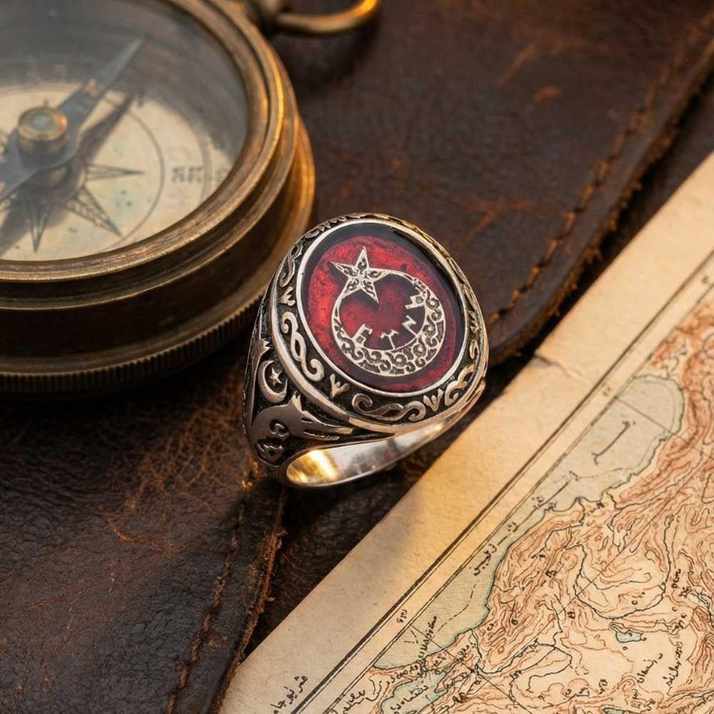 Kırmızı Mineli Ay Yıldız Gümüş Erkek YüzükGöktürkçe Türk Yazılı Yüzükler