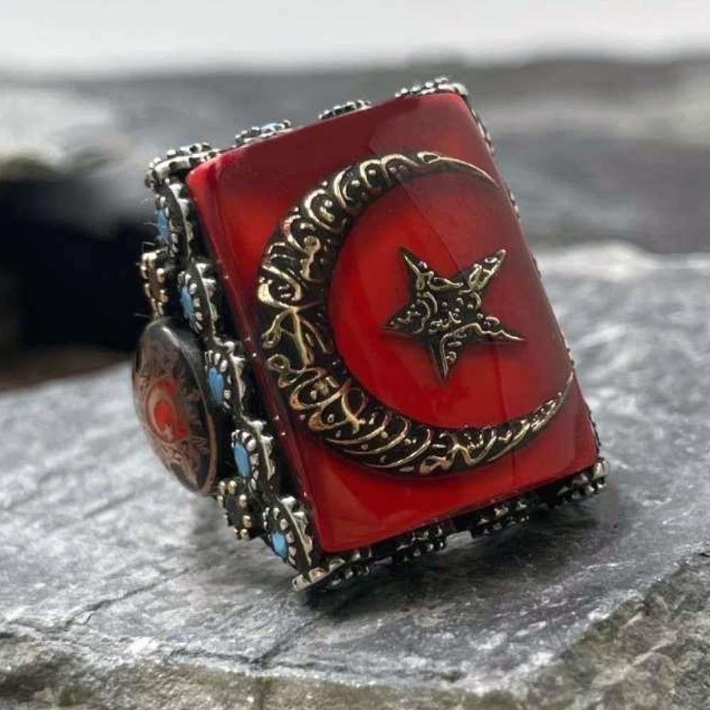 Kırmızı Mineli Ay Yıldız Kelime-i Tevhid Gümüş YüzükAy Yıldız Yüzük