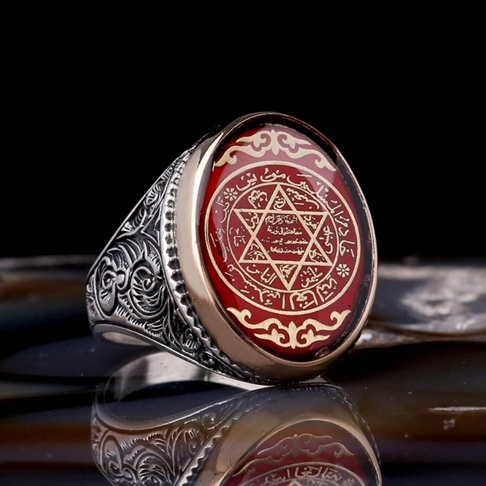 Kırmızı Mineli Hz. Süleyman Mührü Gümüş YüzükSüleyman Mührü Yüzükler