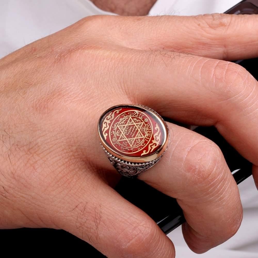 Kırmızı Mineli Hz. Süleyman Mührü Gümüş YüzükSüleyman Mührü Yüzükler