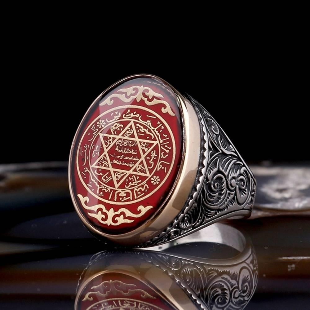 Kırmızı Mineli Hz. Süleyman Mührü Gümüş YüzükSüleyman Mührü Yüzükler