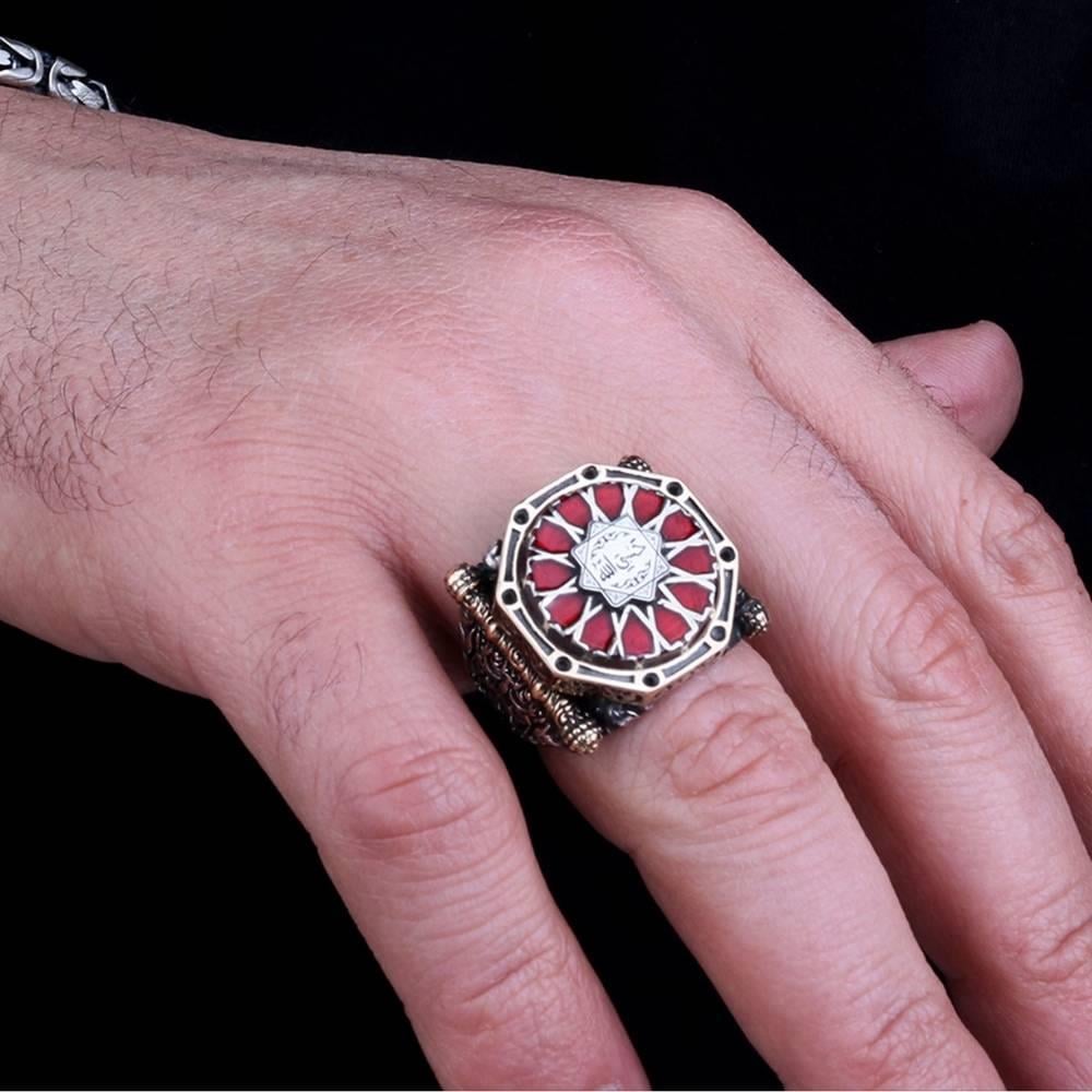 Kırmızı Mineli Kalkan Model Hasbiyallah Gümüş YüzükHasbiyallah Yüzük