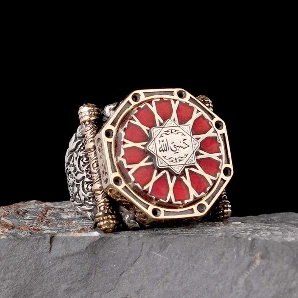 Kırmızı Mineli Kalkan Model Hasbiyallah Gümüş YüzükHasbiyallah Yüzük