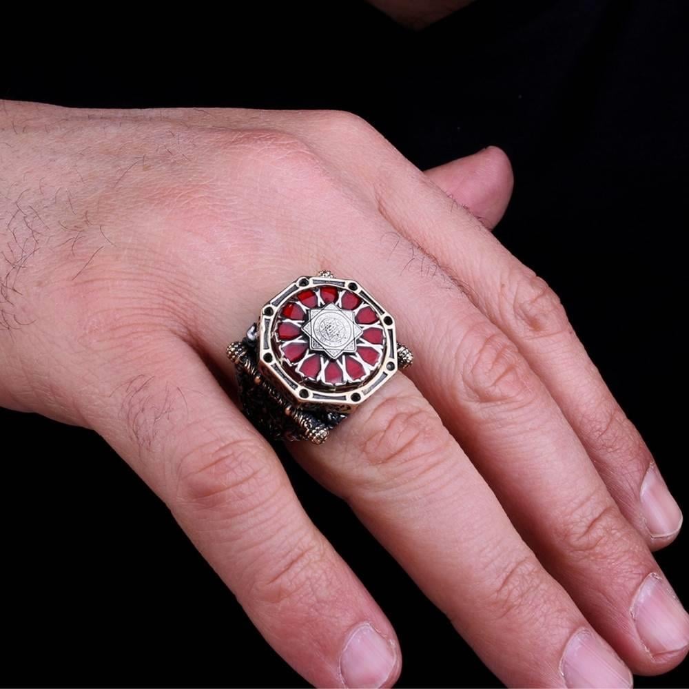 Kırmızı Mineli Kalkan Model Mührü Süleyman Gümüş YüzükTuğra Yüzük