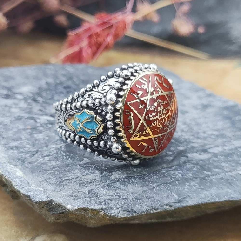 Kırmızı Mineli Mührü Süleyman Gümüş YüzükSeal of Solomon Ring