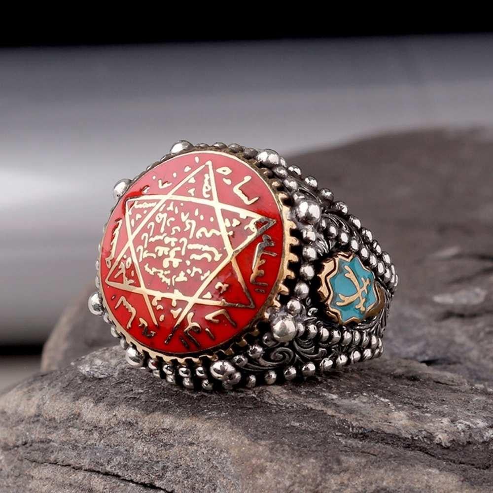 Kırmızı Mineli Mührü Süleyman Gümüş YüzükSeal of Solomon Ring