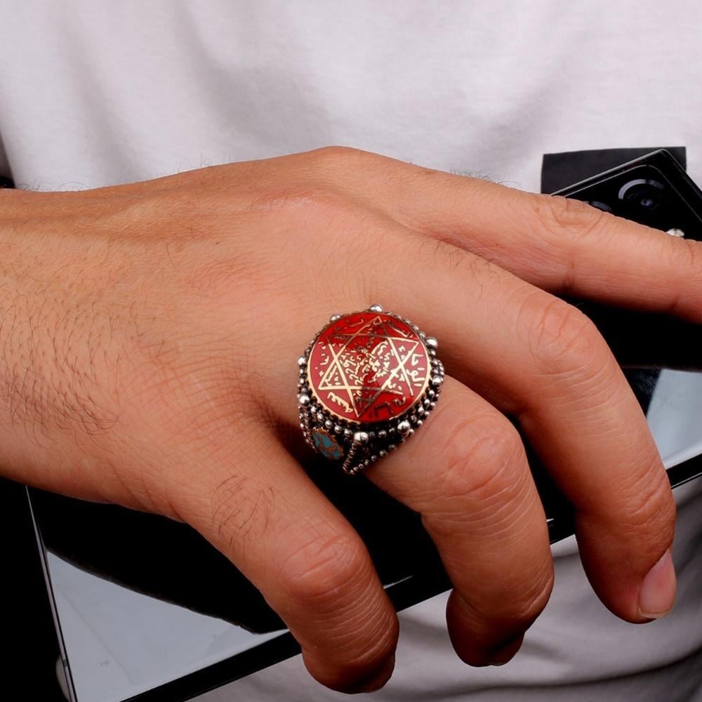 Kırmızı Mineli Mührü Süleyman Gümüş YüzükSeal of Solomon Ring
