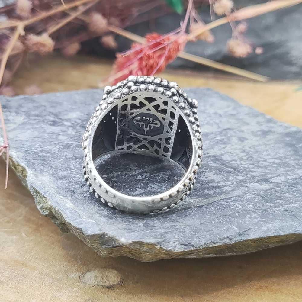 Kırmızı Mineli Mührü Süleyman Gümüş YüzükSeal of Solomon Ring