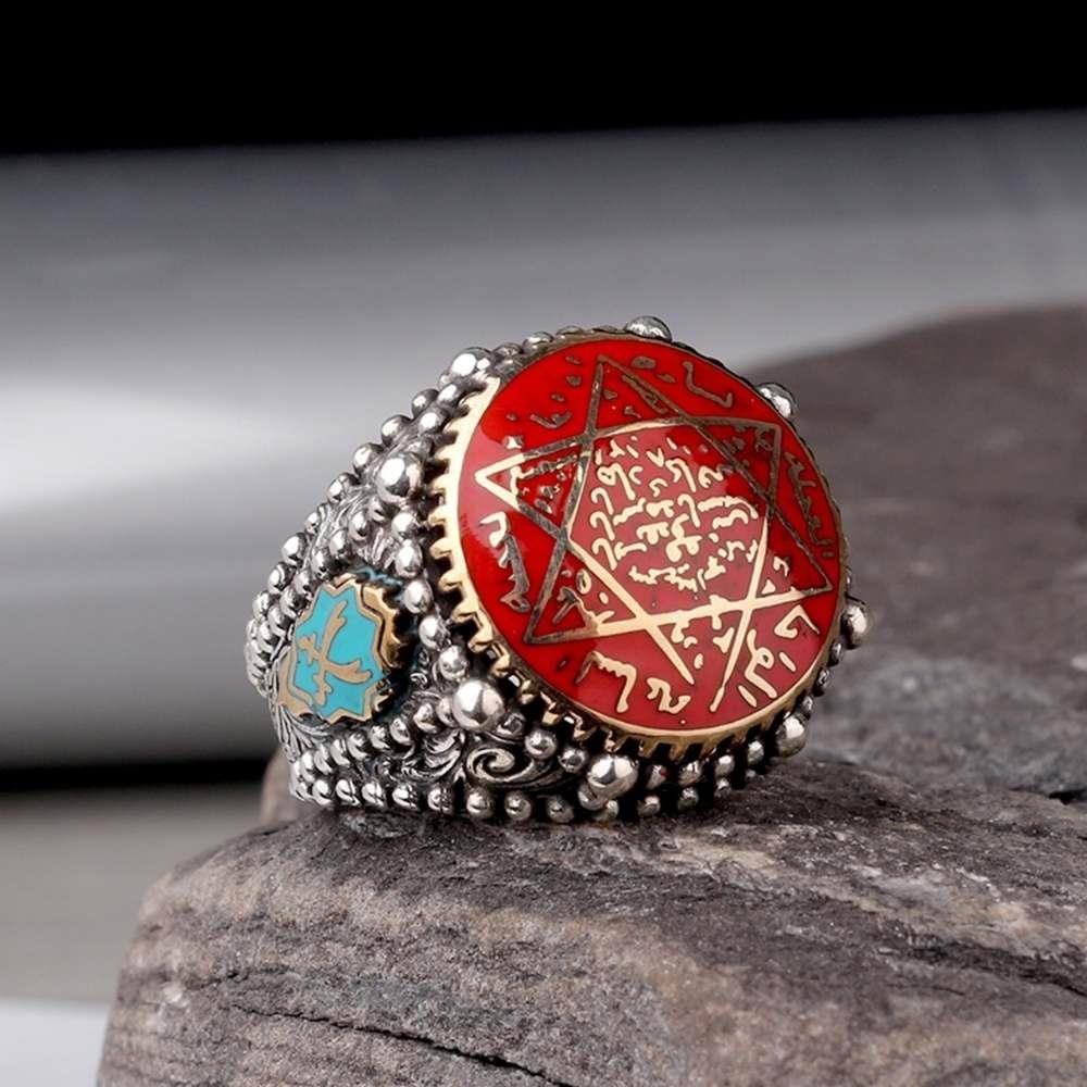 Kırmızı Mineli Mührü Süleyman Gümüş YüzükSeal of Solomon Ring