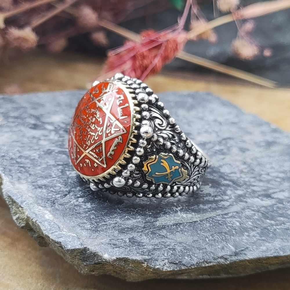 Kırmızı Mineli Mührü Süleyman Gümüş YüzükSeal of Solomon Ring