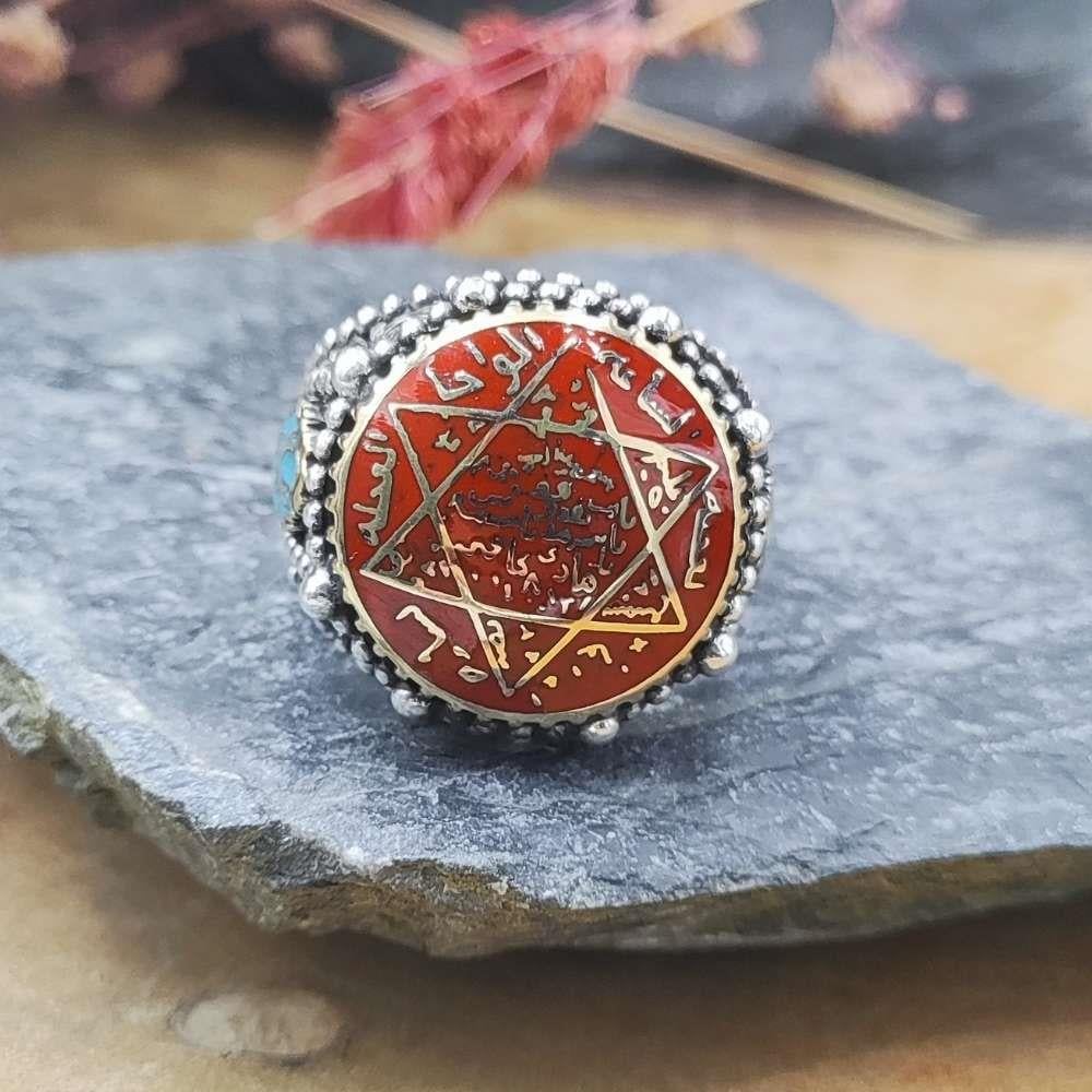 Kırmızı Mineli Mührü Süleyman Gümüş YüzükSeal of Solomon Ring