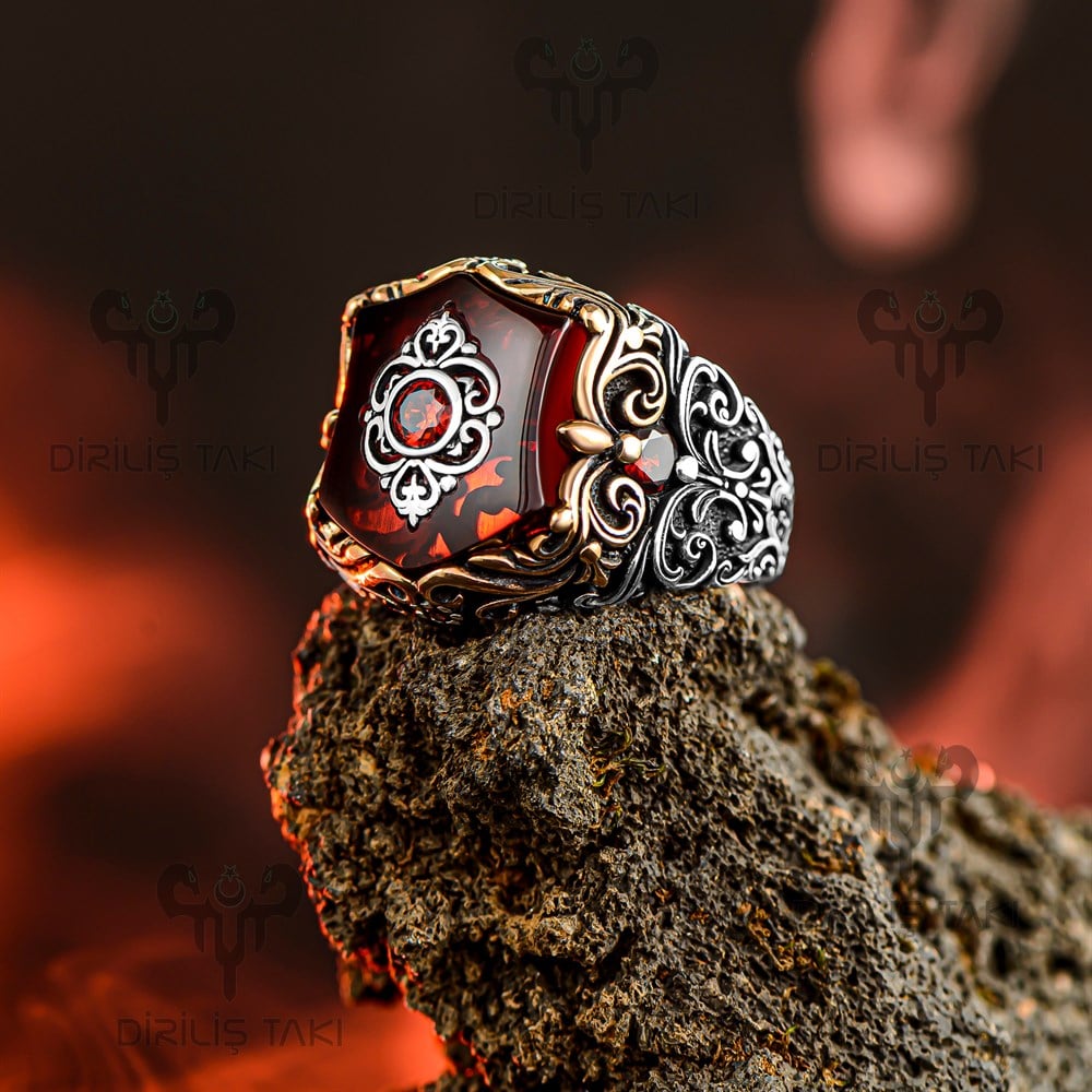 Kırmızı Oniks Taşlı Ortası Tektaş Gümüş Erkek Yüzük