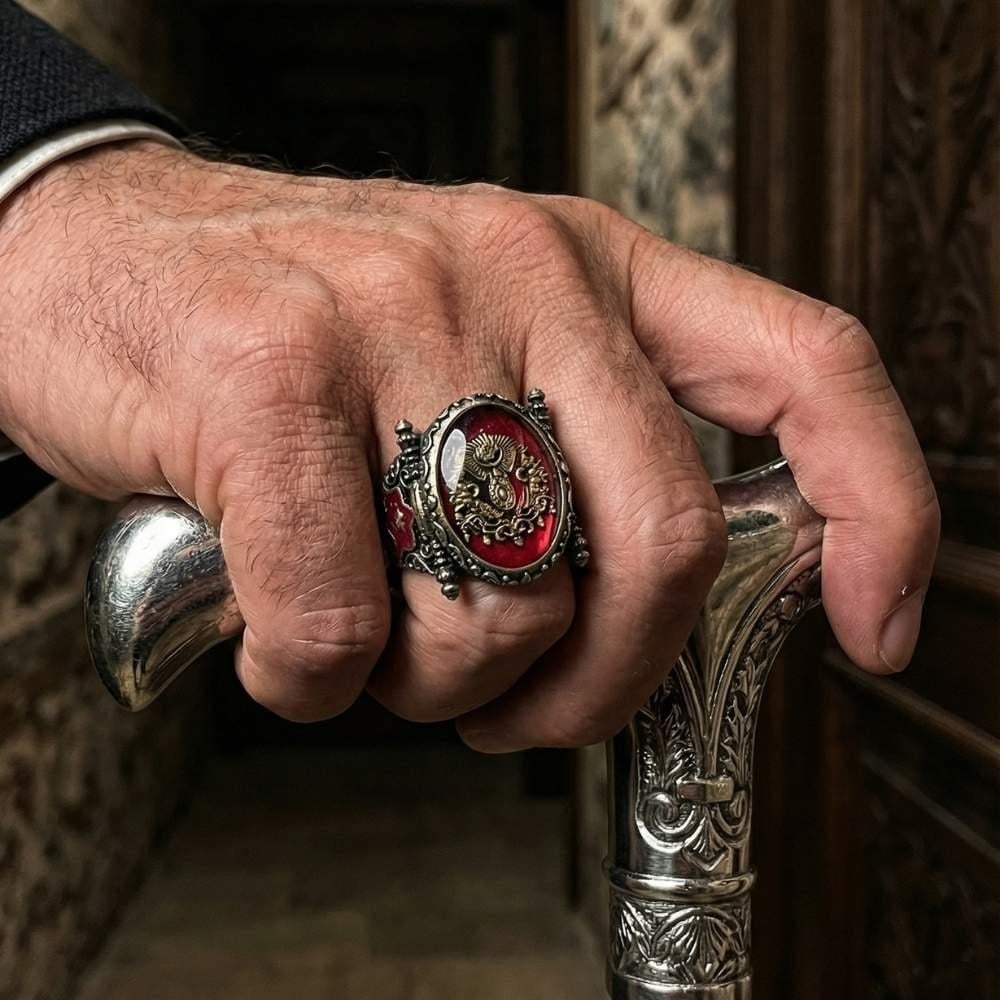 Kırmızı Payitaht Model Osmanlı Devlet Armalı Gümüş YüzükOsmanlı Yüzükleri