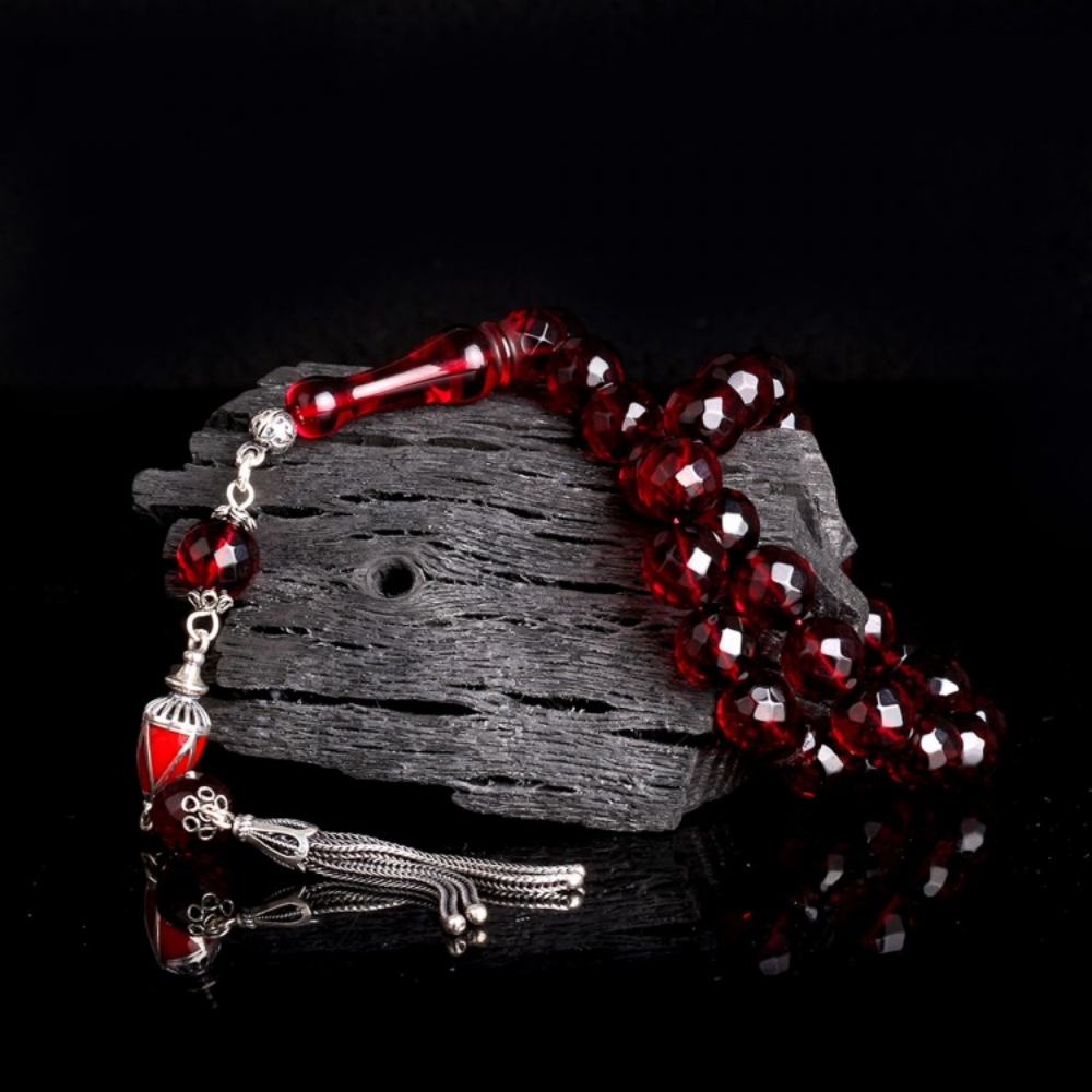 Kırmızı Renk Faset Kesim Gümüş Püskül Damla Kehribar Tesbih